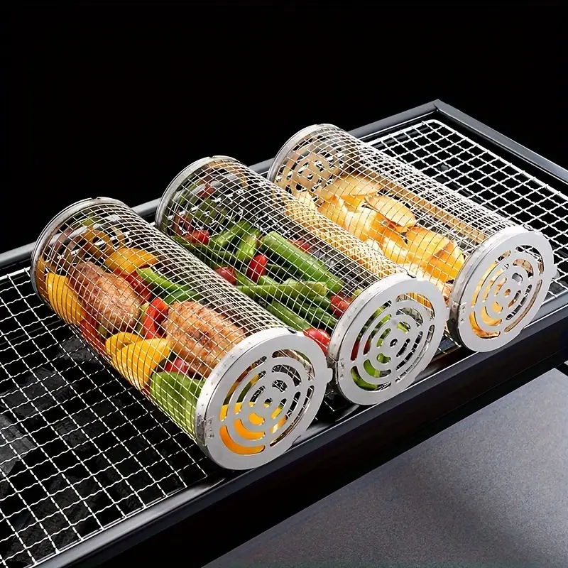 Stainless Steel BBQ Grill Basket with Wood Handle – Non-Stick Rolling Grilling Cage for Vegetables & Meat – Outdoor Camping & BBQ Accessories - CartRare