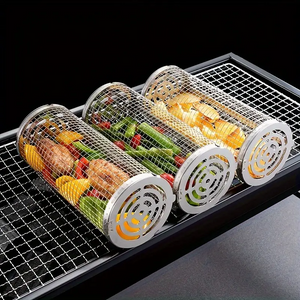 Stainless Steel BBQ Grill Basket with Wood Handle – Non-Stick Rolling Grilling Cage for Vegetables & Meat – Outdoor Camping & BBQ Accessories - CartRare