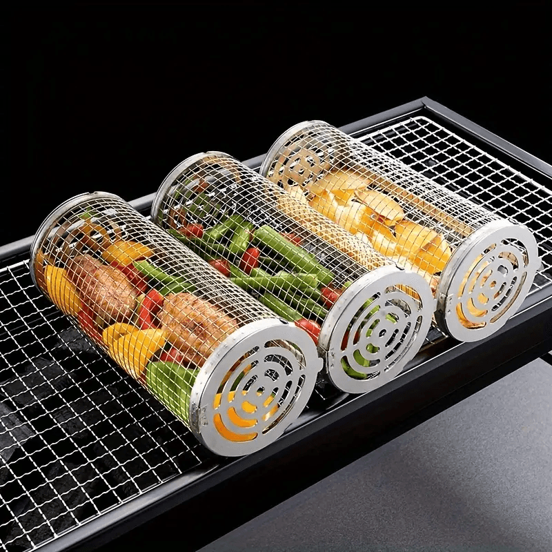 Stainless Steel BBQ Grill Basket with Wood Handle – Non-Stick Rolling Grilling Cage for Vegetables & Meat – Outdoor Camping & BBQ Accessories - CartRare