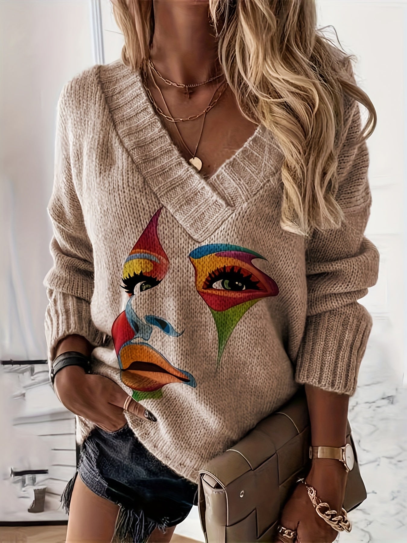 Chic Color-Block V-Neck Loose Pullover for Winter