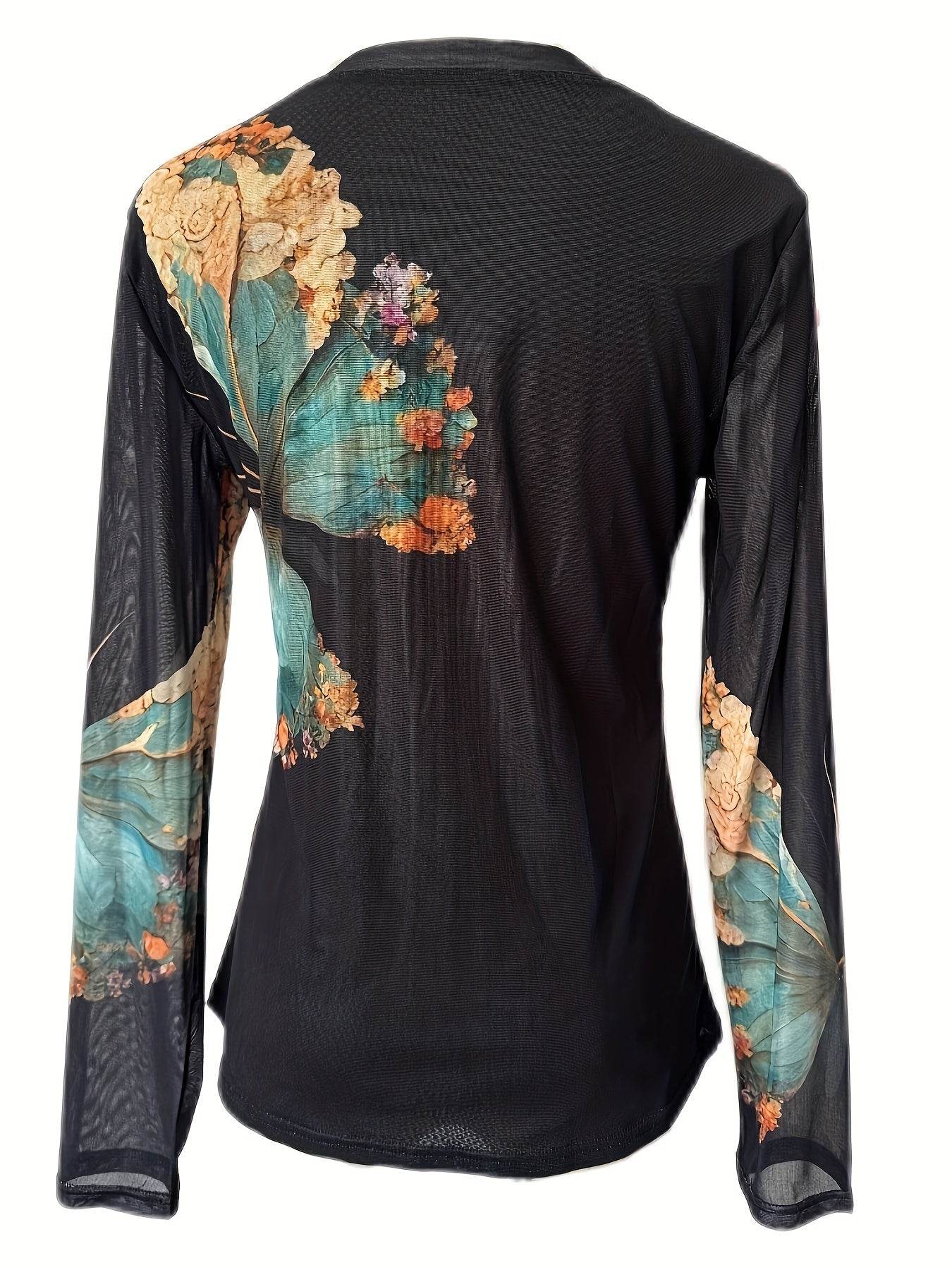 Floral Butterfly Print Women’s Tulle Top Long Sleeve Semi-Sheer Shirt - CartRare