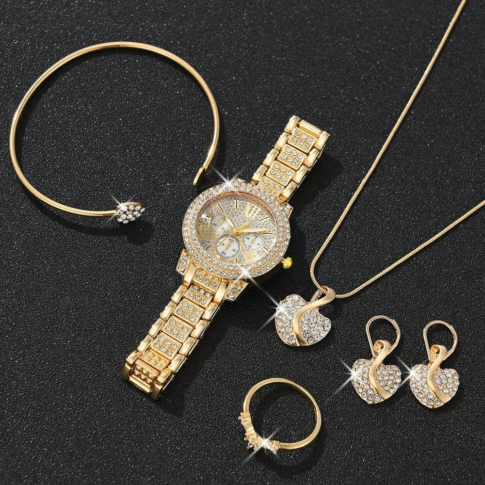 Luxury Women’s Gold Quartz Watch & Jewelry Set