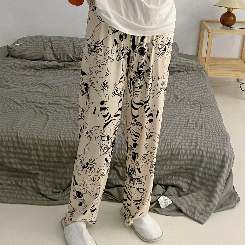 Cute Cat Print Pajama Trousers for Women Loose Fit Sleepwear Lounge Pants