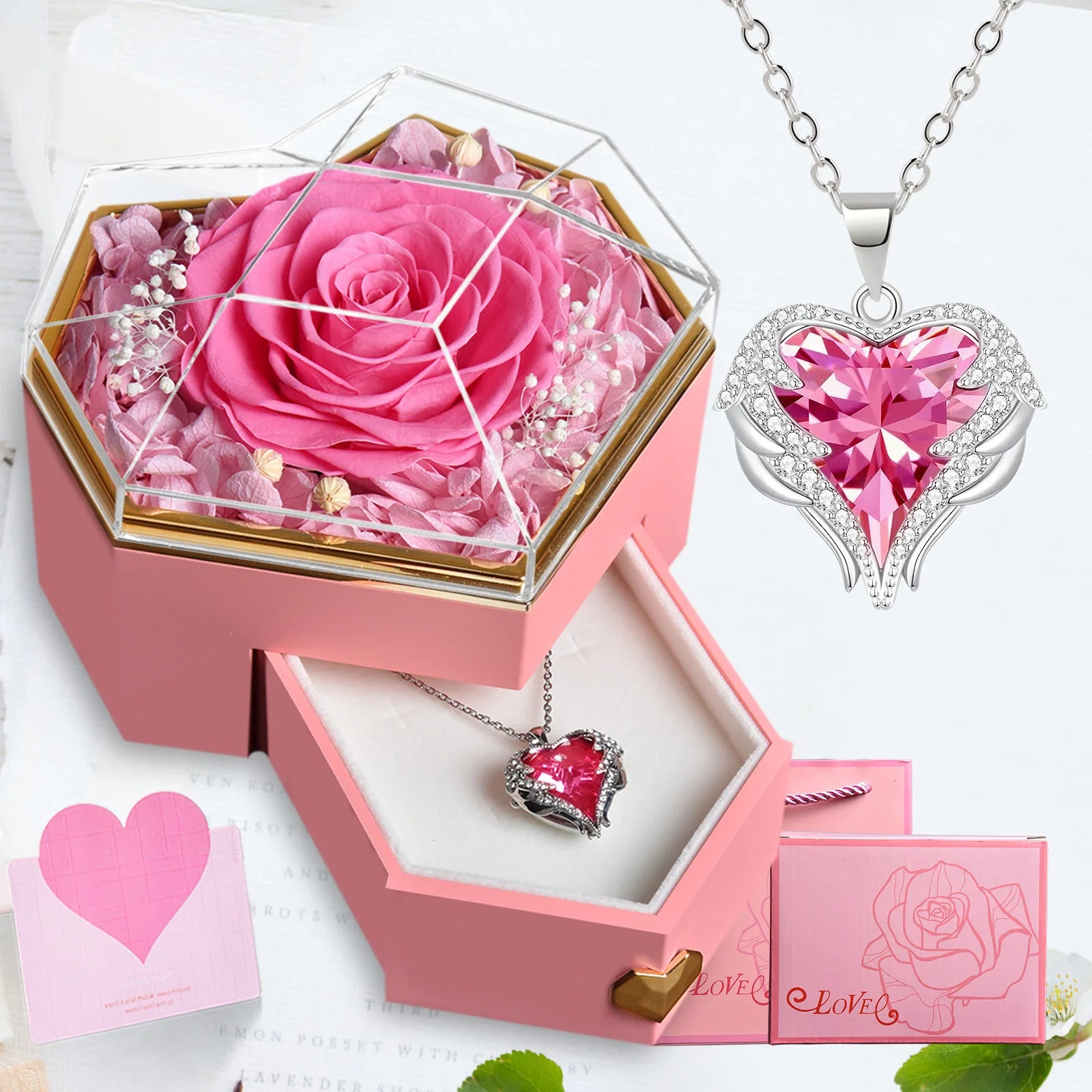 Ocean Heart Crystal Necklace – Eternal Rose Heart-Shaped Jewelry Box, Romantic Gift for Her on Valentine’s Day & Christmas