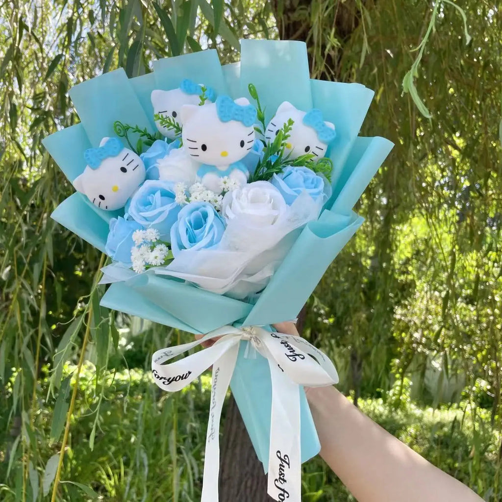Cute Kawaii Cat Plush Bouquet with Artificial Flowers