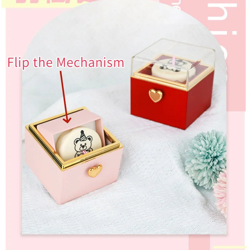 Pink and red gift boxes with heart locks and flip mechanism, featuring cute bear designs for unique gifts