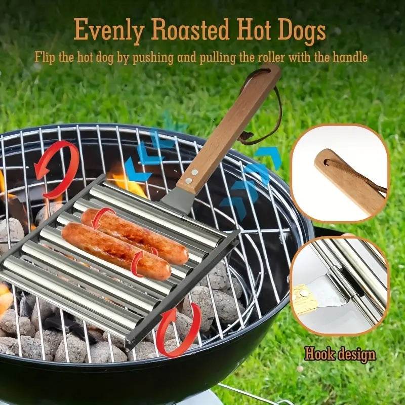 Stainless Steel Hot Dog Roller With Wooden Handle – BBQ Essential Tool - CartRare