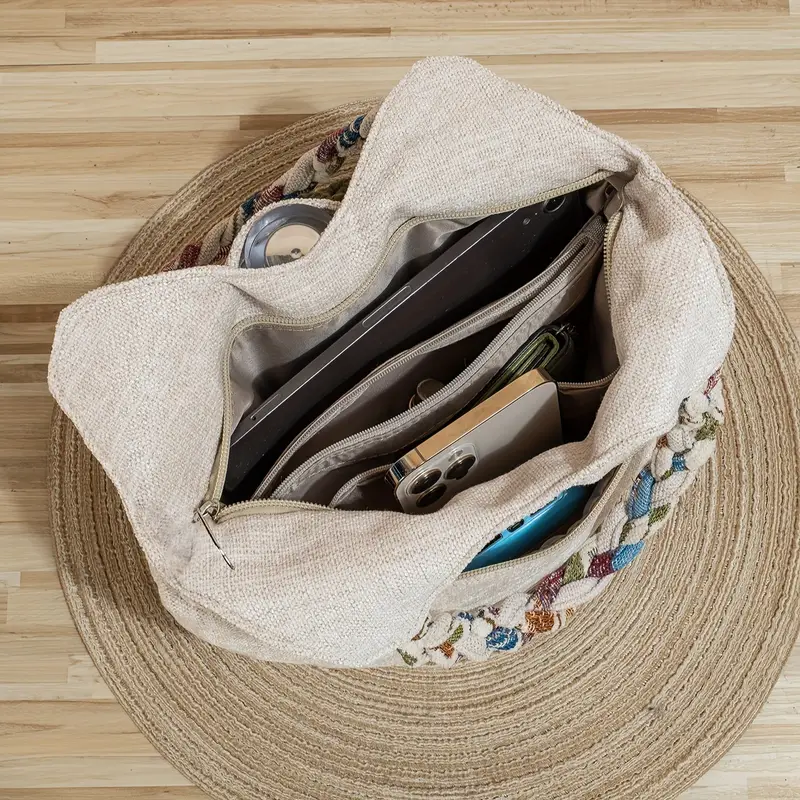 Handmade Bohemian Flower Tote Bag with Foldable Zipper, Shoulder Strap, and Matching Wristlet for Women’s Vacation