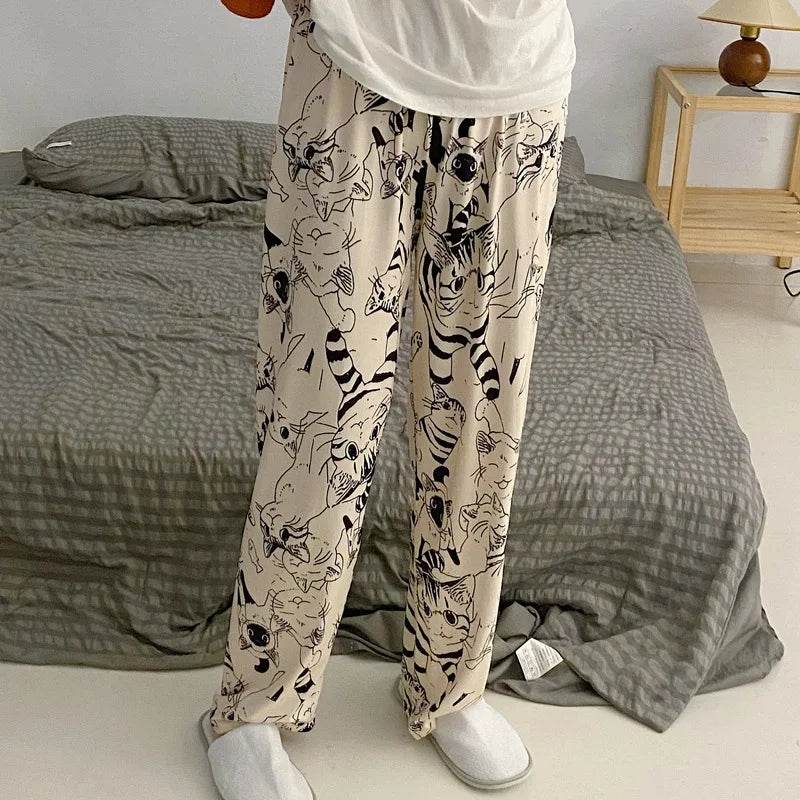 Cute Cat Print Pajama Trousers for Women Loose Fit Sleepwear Lounge Pants - CartRare