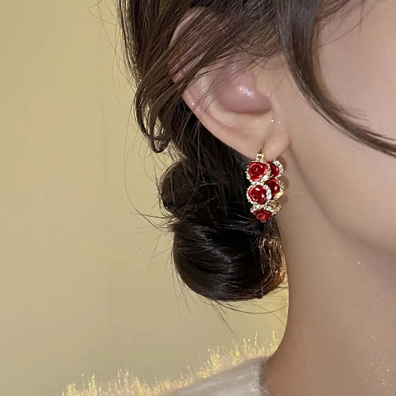 Vintage Red Rose Hoop Earrings – Trendy Solid Zinc Alloy Statement Jewelry