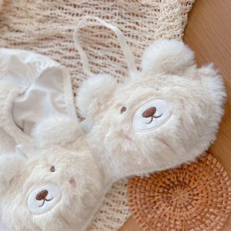 Women’s 2Pcs Furry Bra and Panty Set – Bear Pattern Fuzzy Plush Wireless Lingerie - CartRare