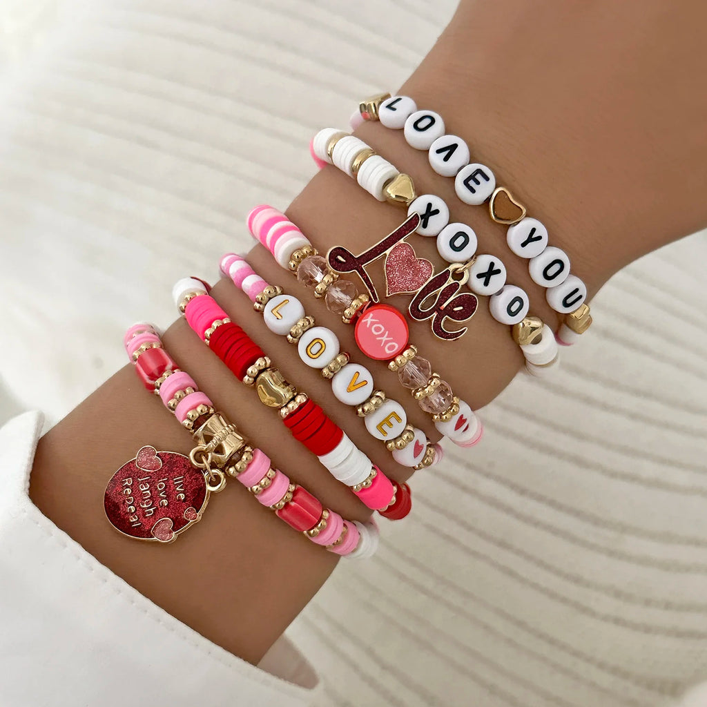 6Pcs Valentine Love Heart Bracelet Set Pink Beaded Bangles - CartRare