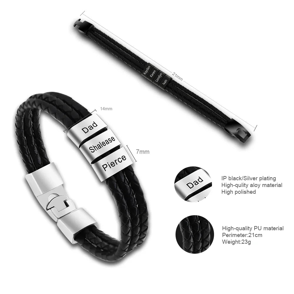 Personalized Men's Leather Bracelet – Custom Name Engraved Gift for Husband, Dad, Father's Day - CartRare