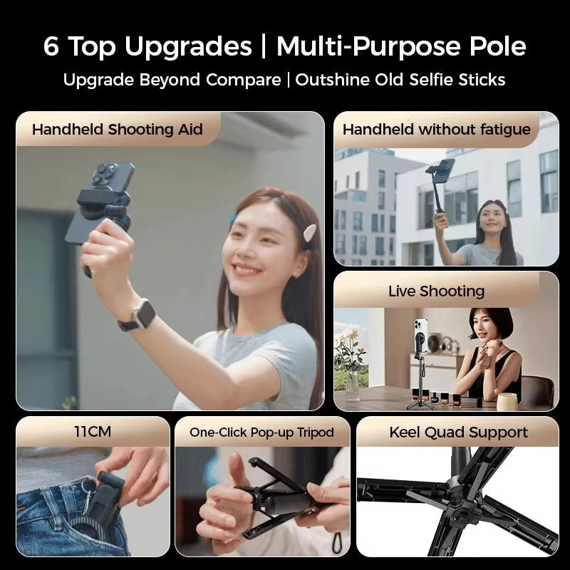 Multi-purpose pole with various features and uses, including handheld shooting aid and live streaming support.