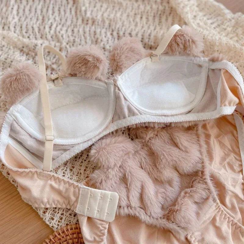 Women’s 2Pcs Furry Bra and Panty Set – Bear Pattern Fuzzy Plush Wireless Lingerie - CartRare