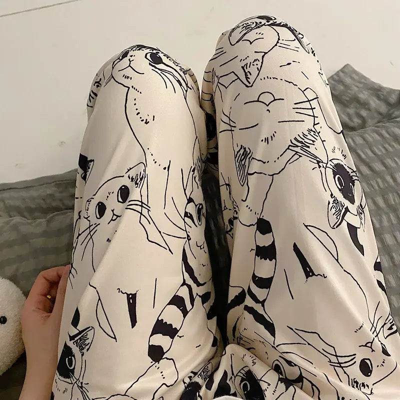 Cute Cat Print Pajama Trousers for Women Loose Fit Sleepwear Lounge Pants - CartRare
