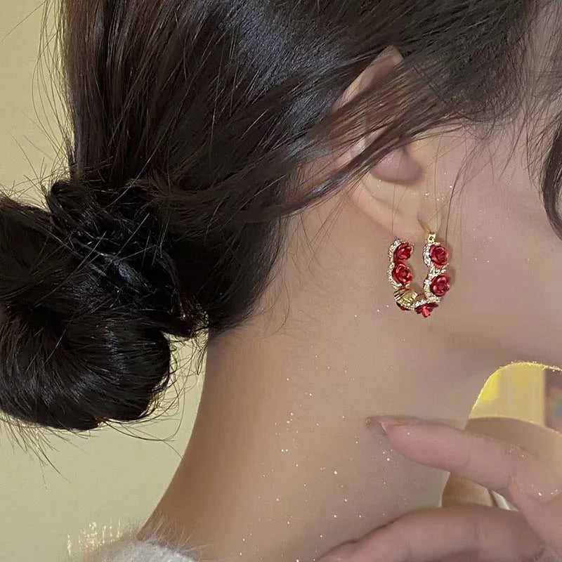 Vintage Red Rose Hoop Earrings – Trendy Solid Zinc Alloy Statement Jewelry