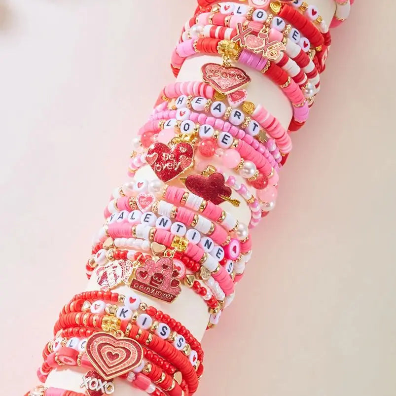 6Pcs Valentine Love Heart Bracelet Set Pink Beaded Bangles - CartRare
