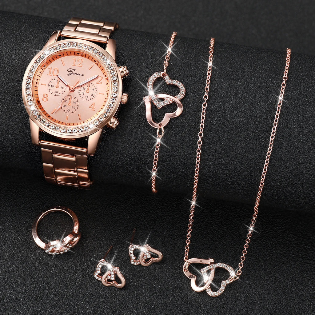 Luxury Women’s Rhinestone Quartz Watch & Double Heart Jewelry Set – 6PCS