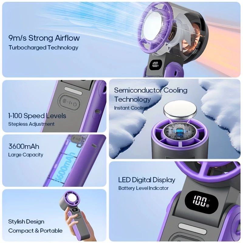 Handheld Turbo Cooling Fan Rechargeable Foldable Fan with Adjustable Speed - CartRare