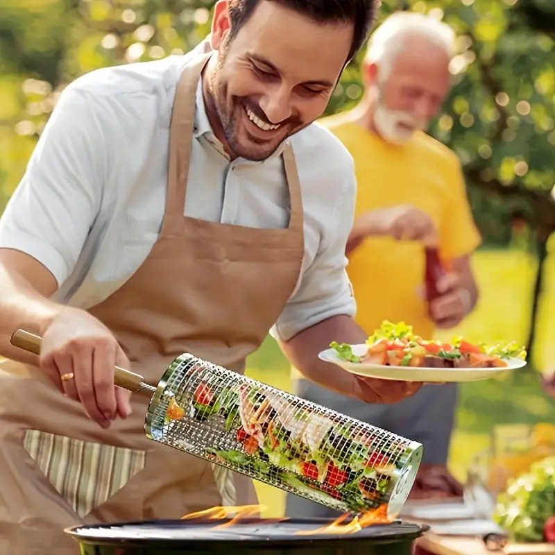 Stainless Steel BBQ Grill Basket with Wood Handle – Non-Stick Rolling Grilling Cage for Vegetables & Meat – Outdoor Camping & BBQ Accessories - CartRare
