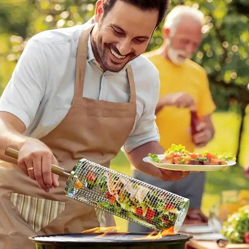 Stainless Steel BBQ Grill Basket with Wood Handle – Non-Stick Rolling Grilling Cage for Vegetables & Meat – Outdoor Camping & BBQ Accessories - CartRare