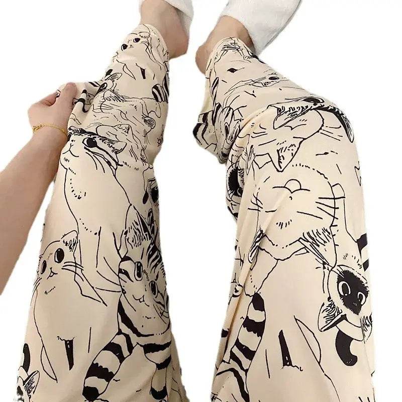 Cute Cat Print Pajama Trousers for Women Loose Fit Sleepwear Lounge Pants - CartRare