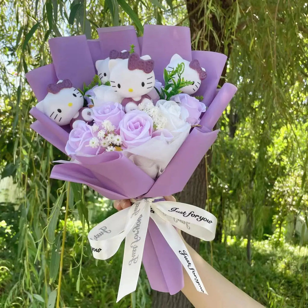 Cute Kawaii Cat Plush Bouquet with Artificial Flowers