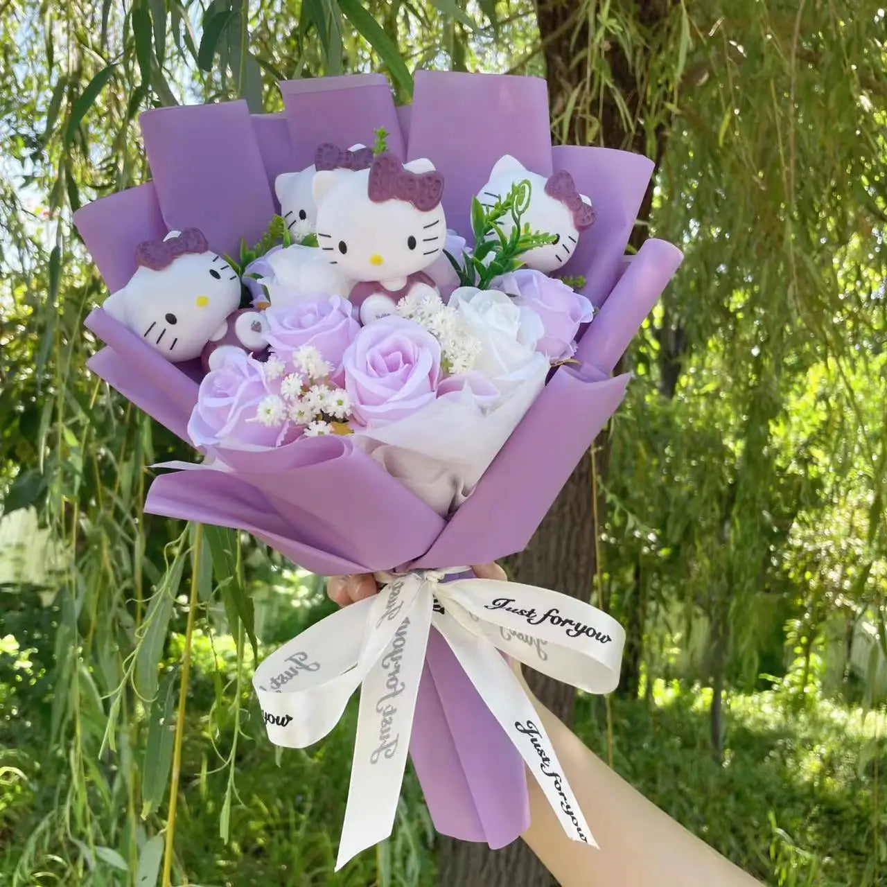 Cute Kawaii Cat Plush Bouquet with Artificial Flowers