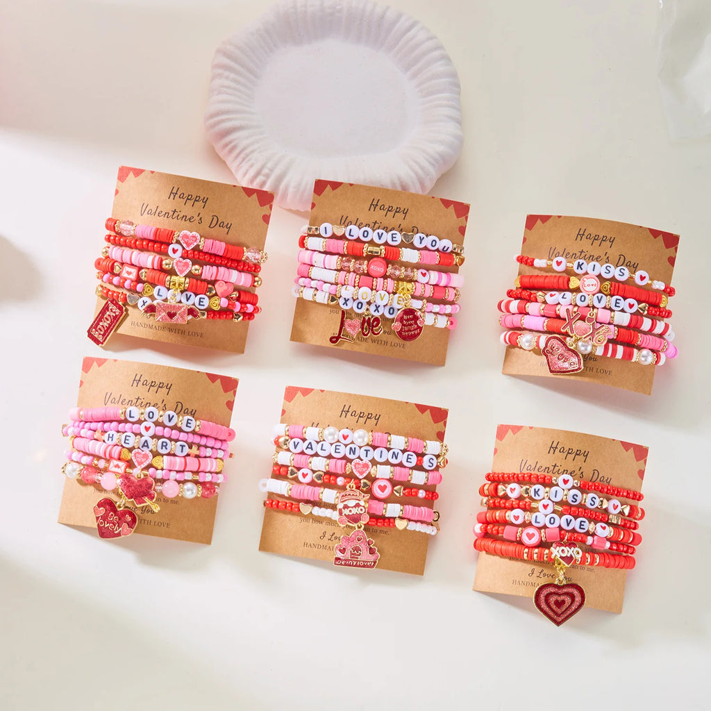 6Pcs Valentine Love Heart Bracelet Set Pink Beaded Bangles - CartRare