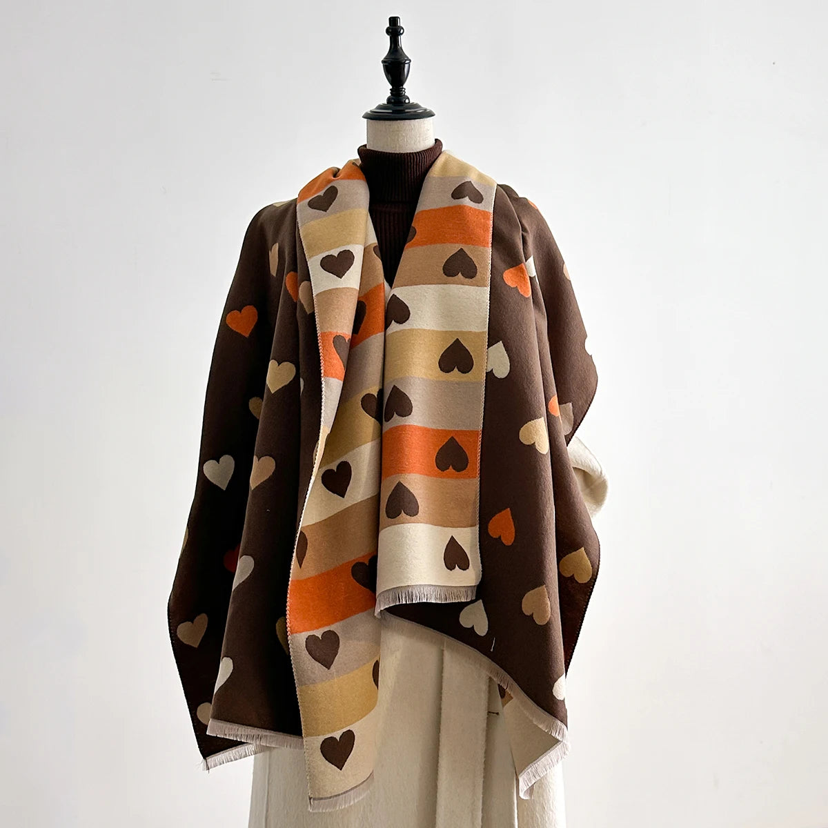 Heart Pattern Fringe Winter Scarf – Soft Cozy Cold Weather Wrap