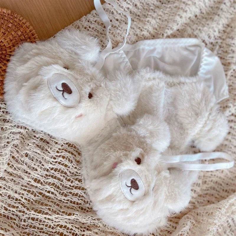 Women’s 2Pcs Furry Bra and Panty Set – Bear Pattern Fuzzy Plush Wireless Lingerie - CartRare