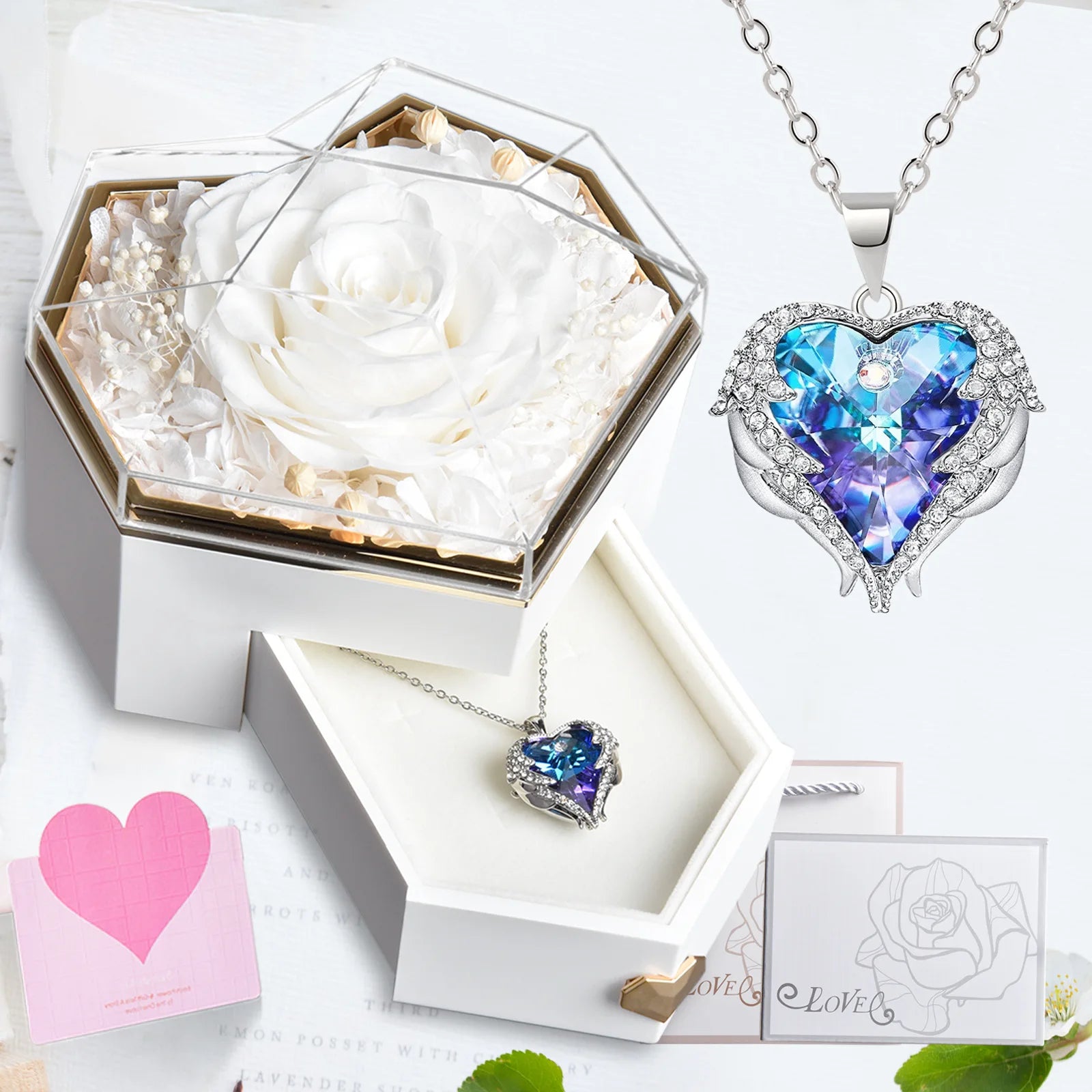 Ocean Heart Crystal Necklace – Eternal Rose Heart-Shaped Jewelry Box, Romantic Gift for Her on Valentine’s Day & Christmas