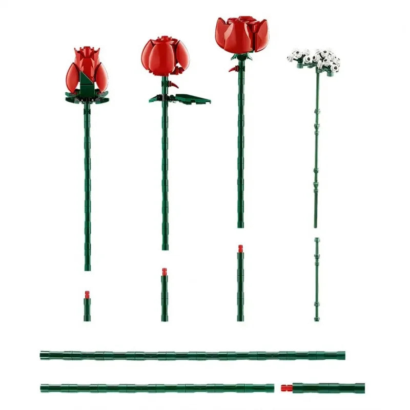 Buildable LEGO roses in red and white with green stems, perfect for home decor or gifts