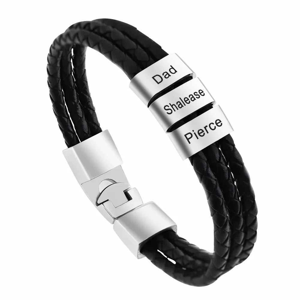 Personalized Men's Leather Bracelet – Custom Name Engraved Gift for Husband, Dad, Father's Day - CartRare