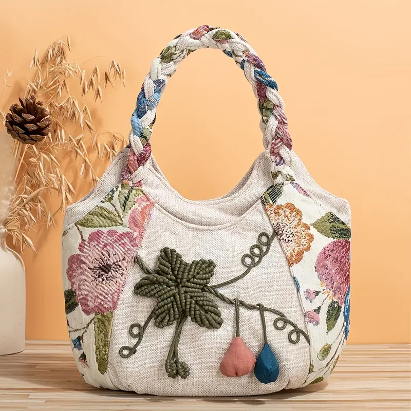 Handmade Bohemian Flower Tote Bag with Foldable Zipper, Shoulder Strap, and Matching Wristlet for Women’s Vacation
