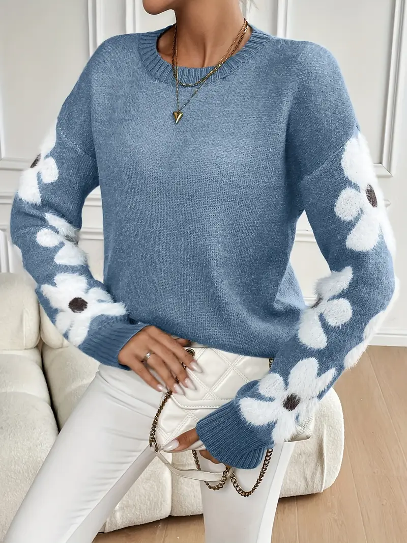 Cute Floral Drop Shoulder Sweater Cozy Round Neck Long Sleeve