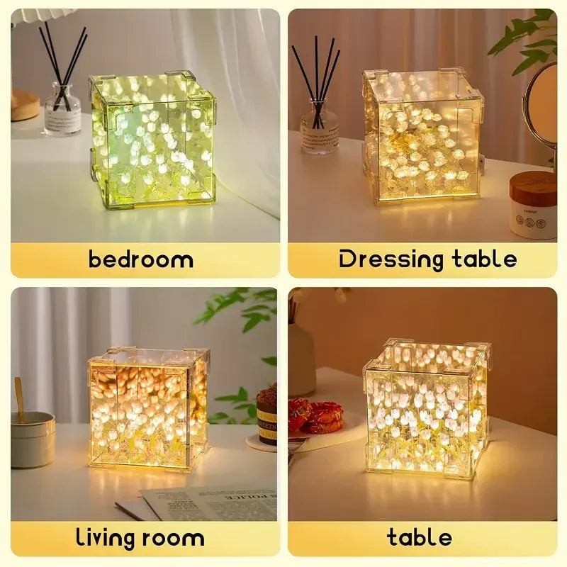 DIY Tulip Mirror Cube Lamp – Handmade Romantic Flower Table Light for Home Decor - CartRare