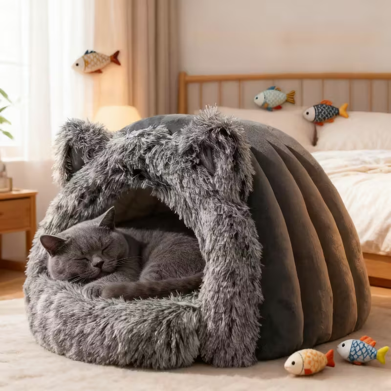 Winter Warm Fleece Cat Cave – Windproof 360° Thermal Comfort for Cats & Small Dogs