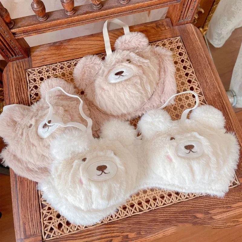 Women’s 2Pcs Furry Bra and Panty Set – Bear Pattern Fuzzy Plush Wireless Lingerie - CartRare