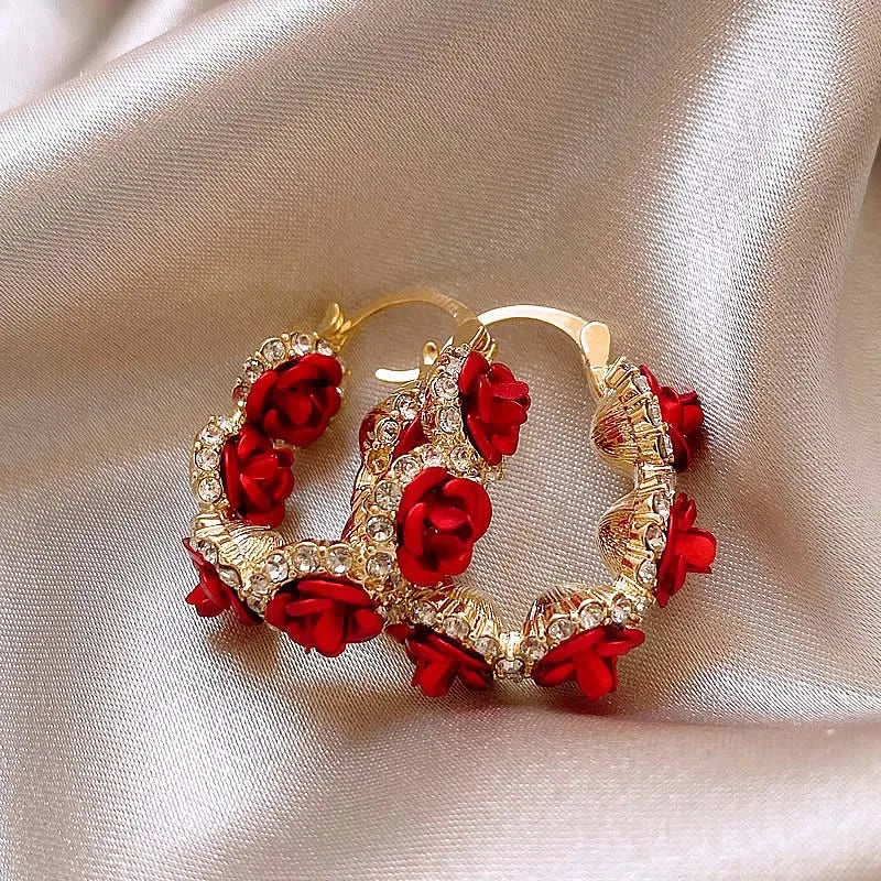 Vintage Red Rose Hoop Earrings – Trendy Solid Zinc Alloy Statement Jewelry