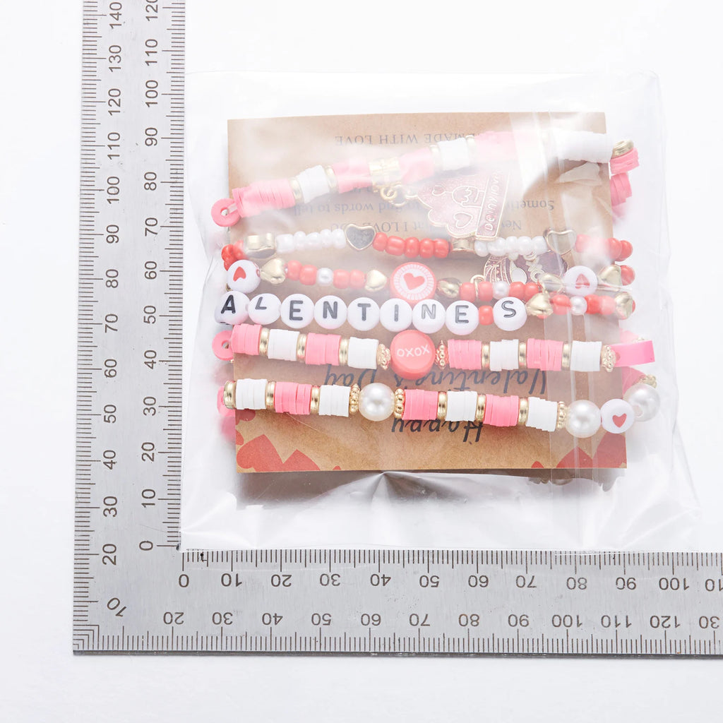 6Pcs Valentine Love Heart Bracelet Set Pink Beaded Bangles - CartRare