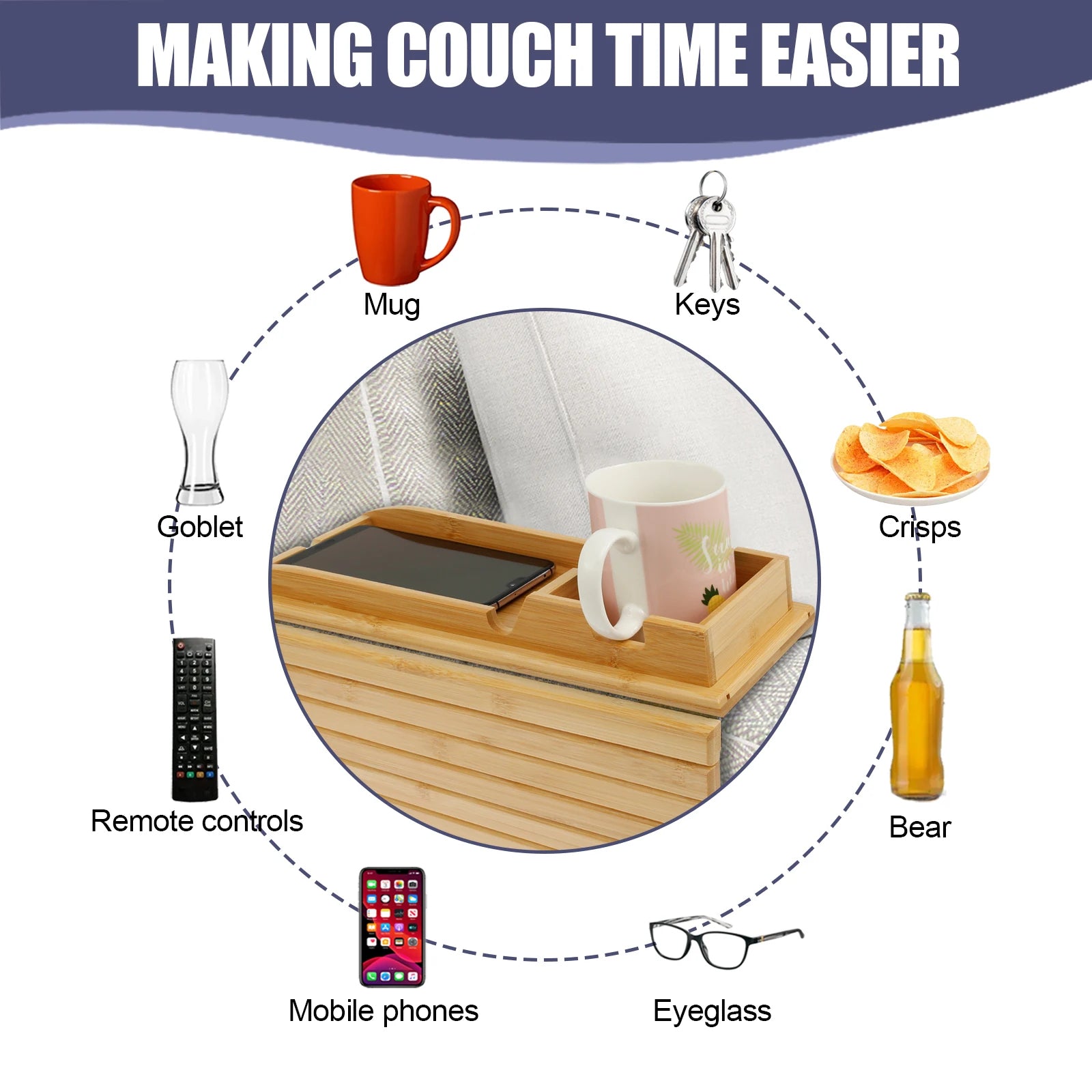 Foldable Wood Couch Cup Holder Tray for Sofa Armrest Drinks
