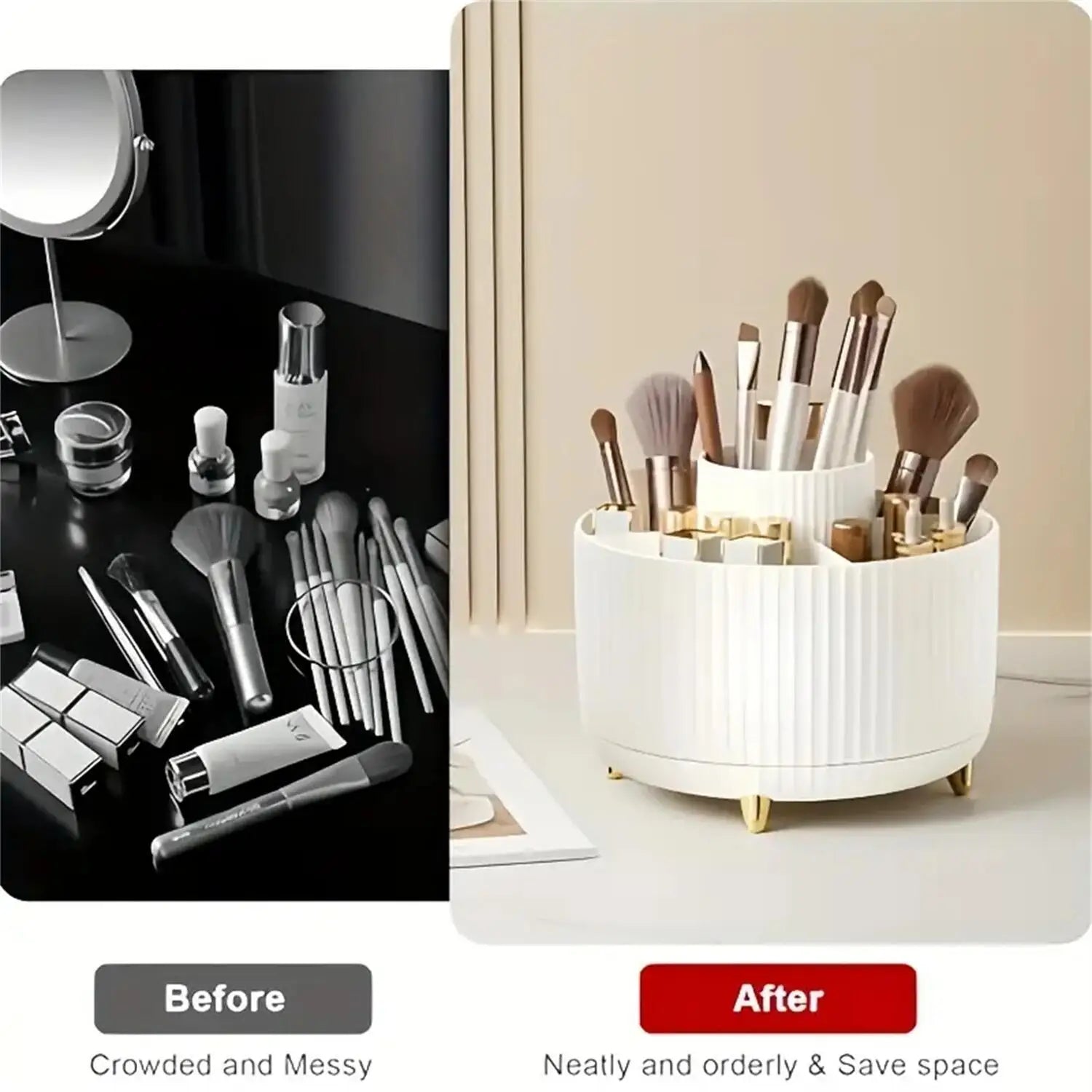 360° Rotating Makeup Organizer with 5 Compartments – Cosmetic & Brush Holder