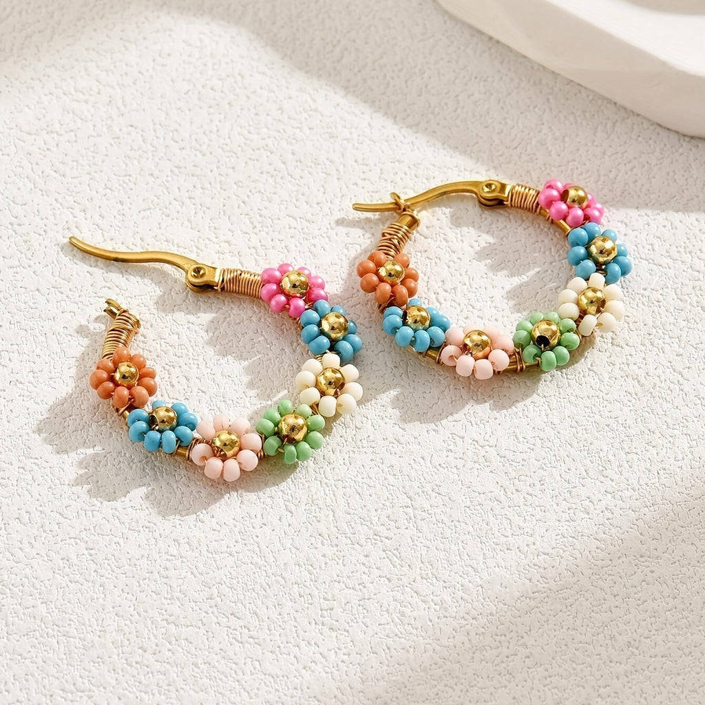 Bohemian Style Beaded Flower Hoop Earrings Trendy & Versatile