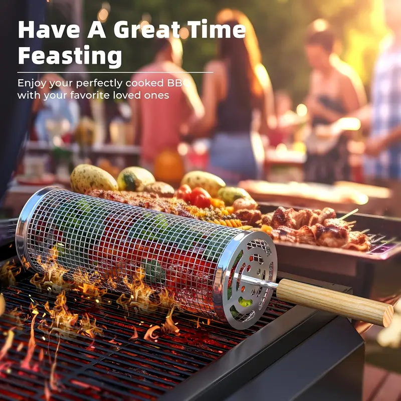 Stainless Steel BBQ Grill Basket with Wood Handle – Non-Stick Rolling Grilling Cage for Vegetables & Meat – Outdoor Camping & BBQ Accessories - CartRare