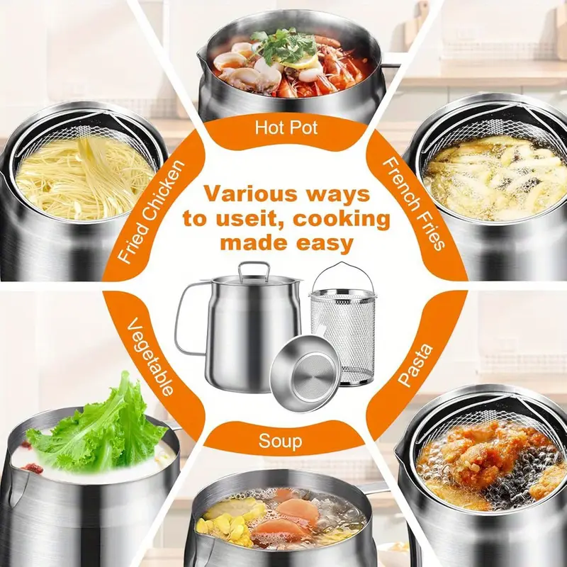 Stainless Steel Oil Filter Pot with Fine Mesh Strainer & Fry Basket – Grease Container for Kitchen Cooking Oil Storage - CartRare