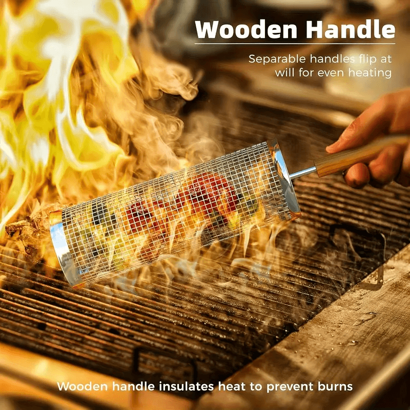 Stainless Steel BBQ Grill Basket with Wood Handle – Non-Stick Rolling Grilling Cage for Vegetables & Meat – Outdoor Camping & BBQ Accessories - CartRare