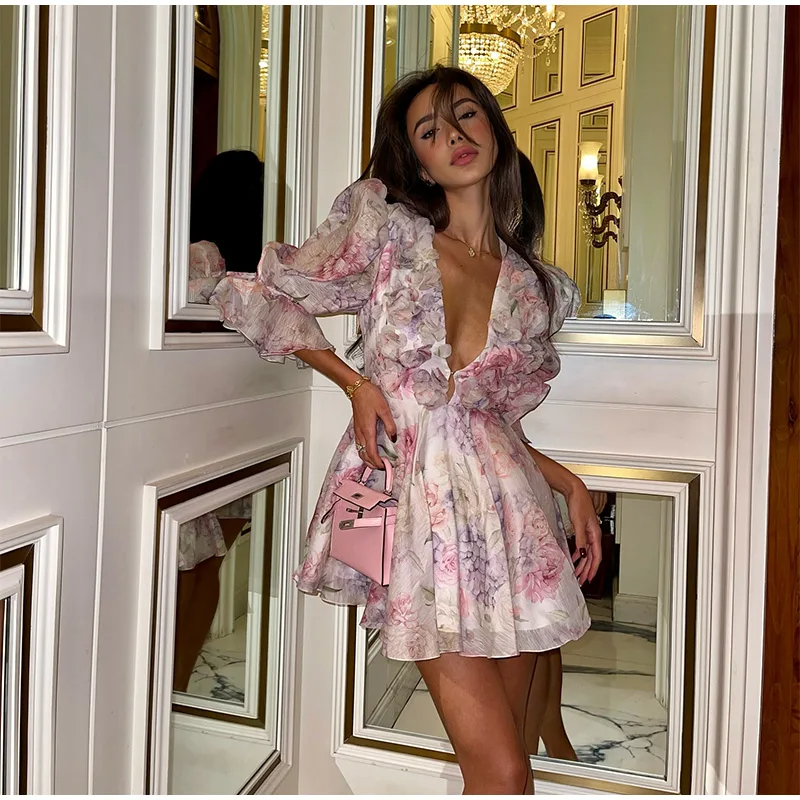 Sexy Floral Flare Sleeve V Neck Mini Dress