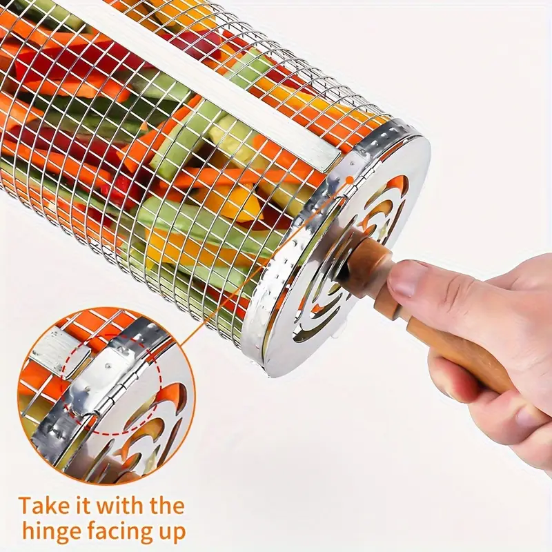 Stainless Steel BBQ Grill Basket with Wood Handle – Non-Stick Rolling Grilling Cage for Vegetables & Meat – Outdoor Camping & BBQ Accessories - CartRare